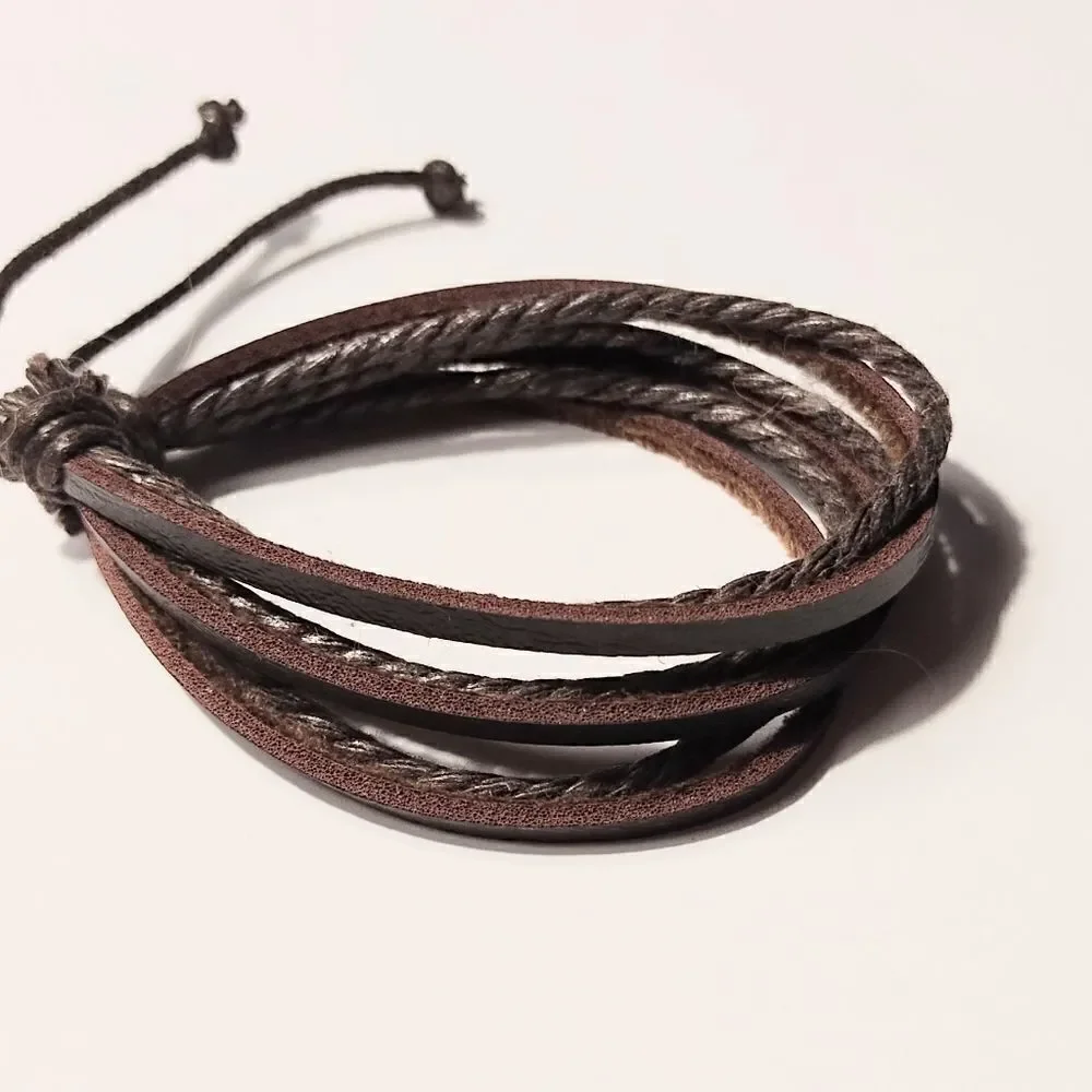 Men's leather‎ bracelet layered braided brown new d9